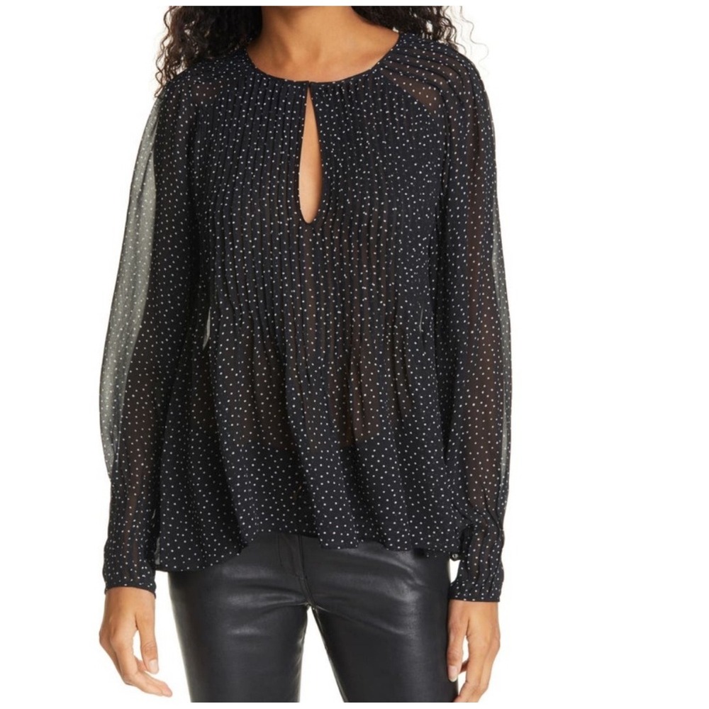 Rag &‎ Bone Brandy Pintuck Black Polka Dot Long Sleeve Keyhole Blouse Top Medium